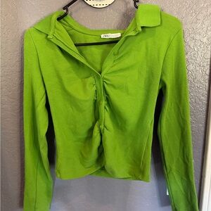 Zara Green Long Sleeve Fitted Polo Shirt